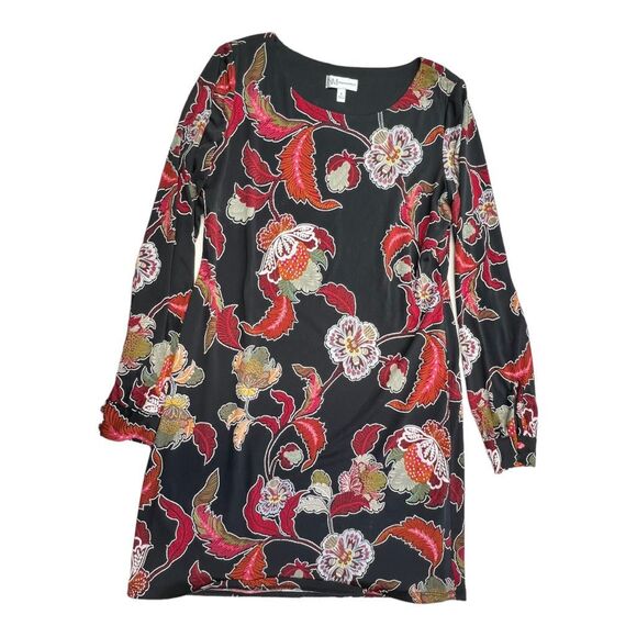 Neiman Marcus Women's Floral Round Neck Long Sleeve Mini Dress Black Red Sz 6 - Picture 7 of 11